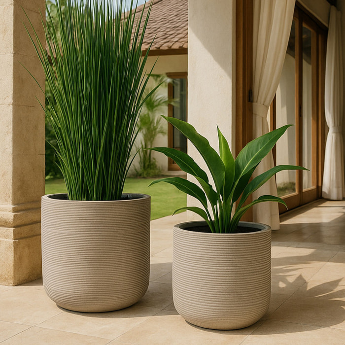 Set de 2 pots ronds en terre d'argile taupe 38/45cm