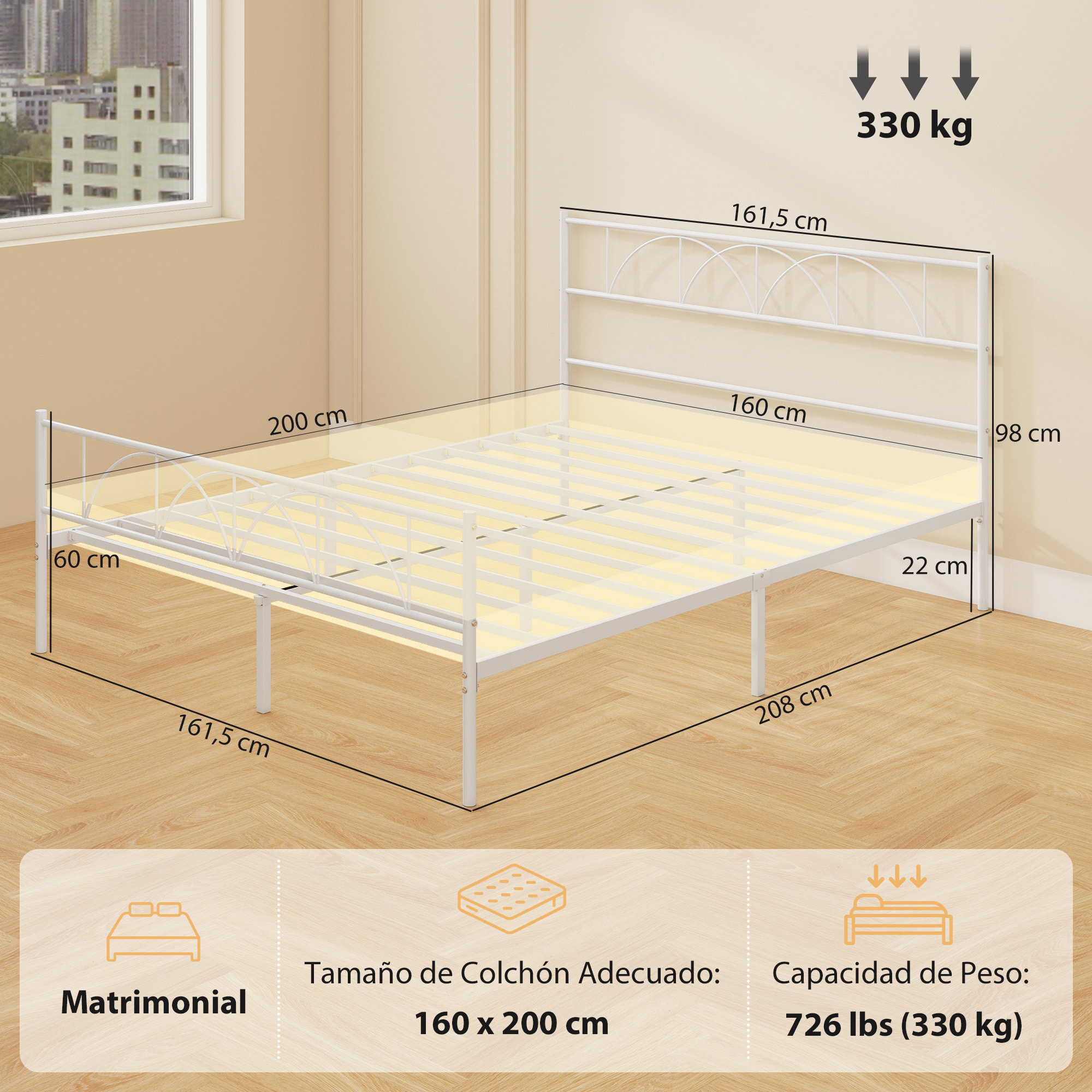Cama Matrimonio, 160x200 cm, Estructura de Cama de Acero con Cabecero, Soporte de Listones de Acero, Espacio de Almacenamiento Debajo, Blanco
