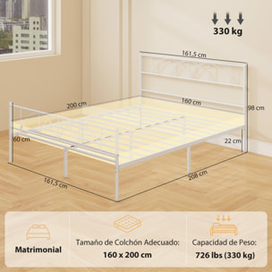 Cama Matrimonio, 160x200 cm, Estructura de Cama de Acero con Cabecero, Soporte de Listones de Acero, Espacio de Almacenamiento Debajo, Blanco