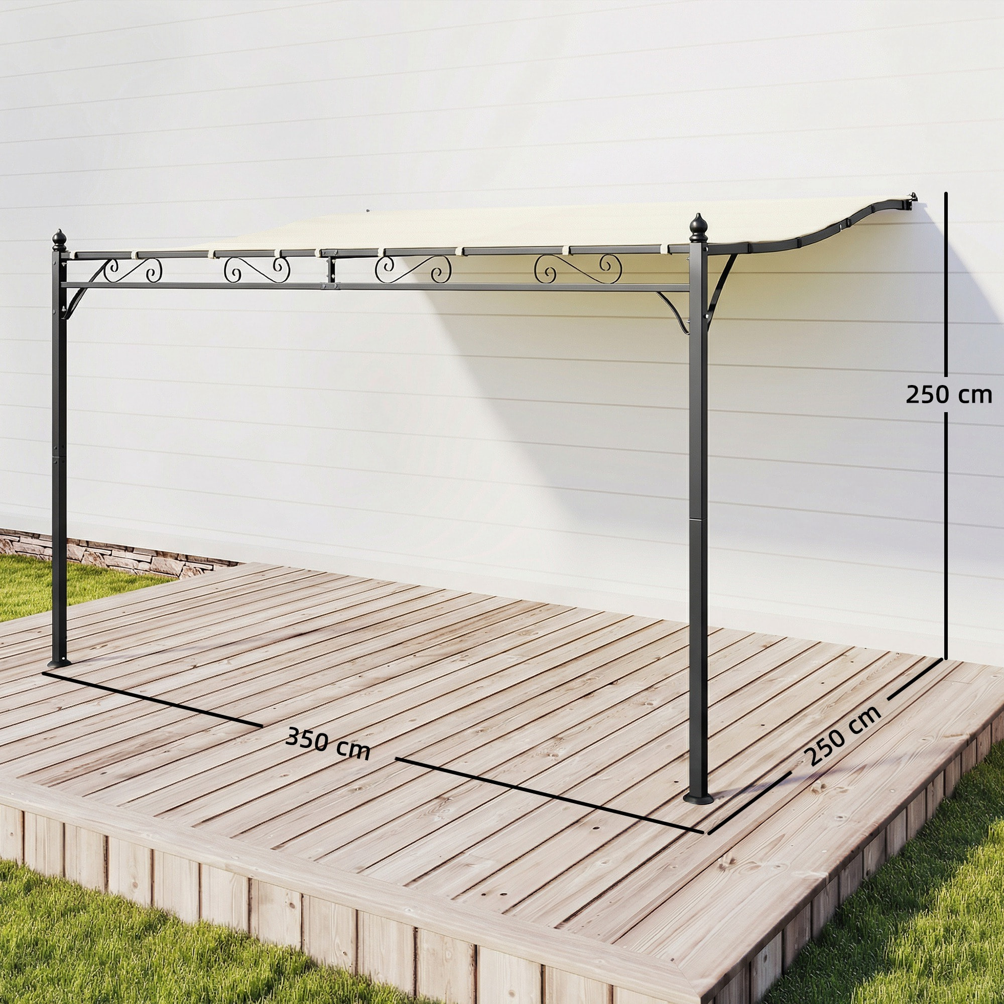 Pérgola de Pared de Jardín 2,5x3,5 m, Cenador de Jardín con Techo Inclinado, Orificios de Drenaje y Estructura Metálica Resistente, UPF30, Gazebo para Patio, Terraza, Balcón, Blanco Crema