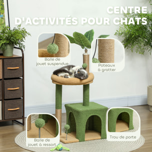 Arbre à chat design tropical - niche, panier observation, jeux boules, griffoirs - effet laine bouclée beige vert