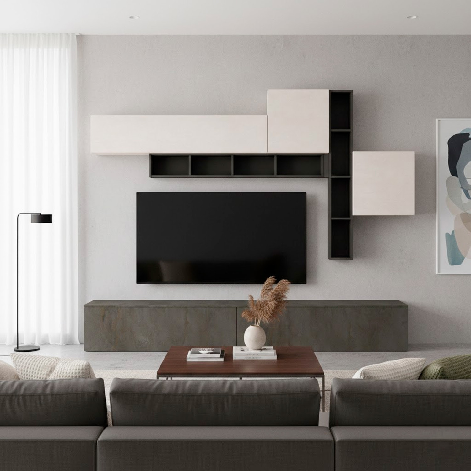 Parete Attrezzata Soggiorno Con Librerie Basi A Ribalta Pensili Push-Pull Mobile TV Moderno Reversibile 200 x 276 x 39.6 Cm Grafite Ossidata E Bianco