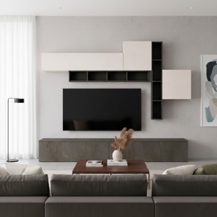 Parete Attrezzata Soggiorno Con Librerie Basi A Ribalta Pensili Push-Pull Mobile TV Moderno Reversibile 200 x 276 x 39.6 Cm Grafite Ossidata E Bianco