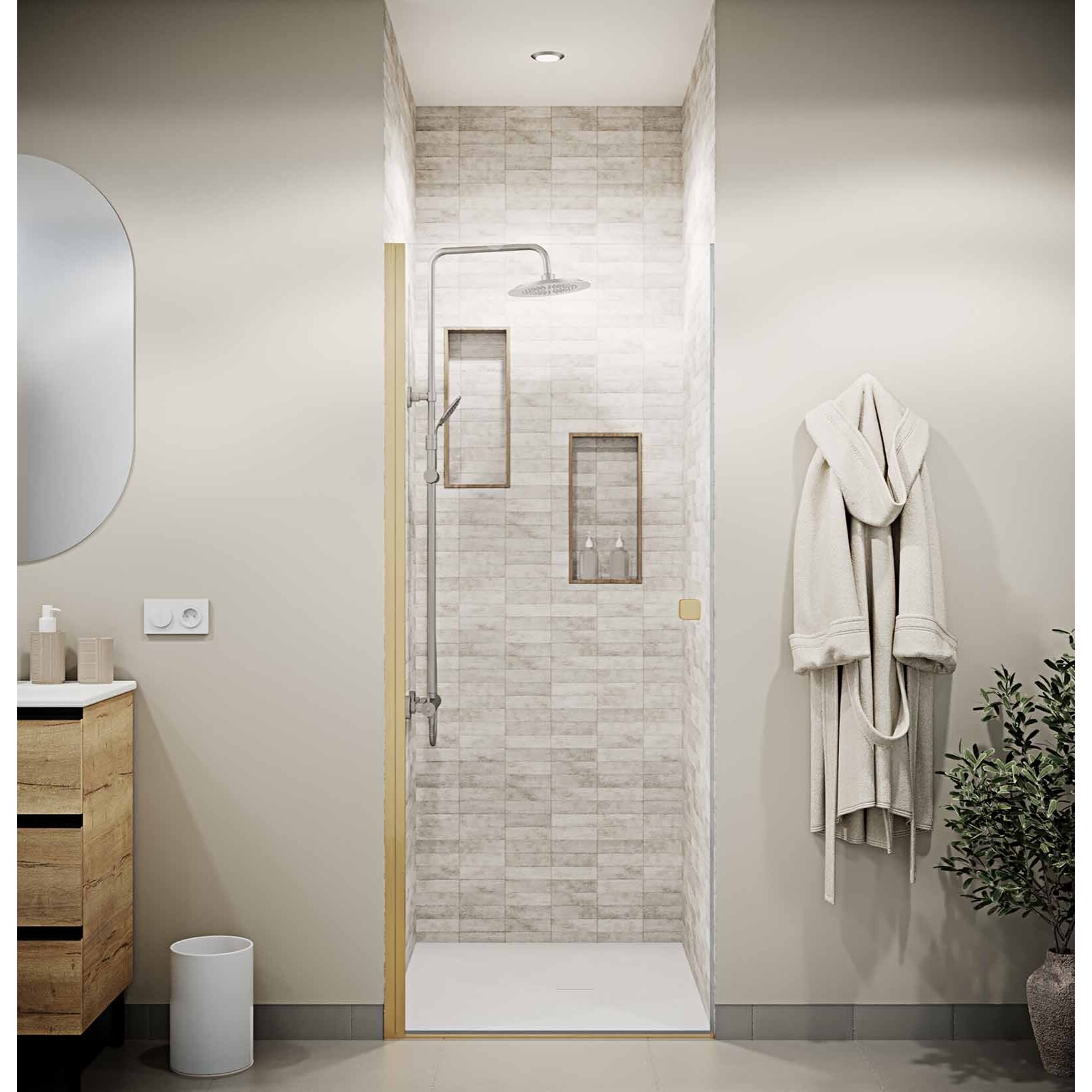 Porte de Douche Pivotante 70x180 cm en Verre Trempe 5 mm - Finition Or Brosse - GOLD ELEMENTARY