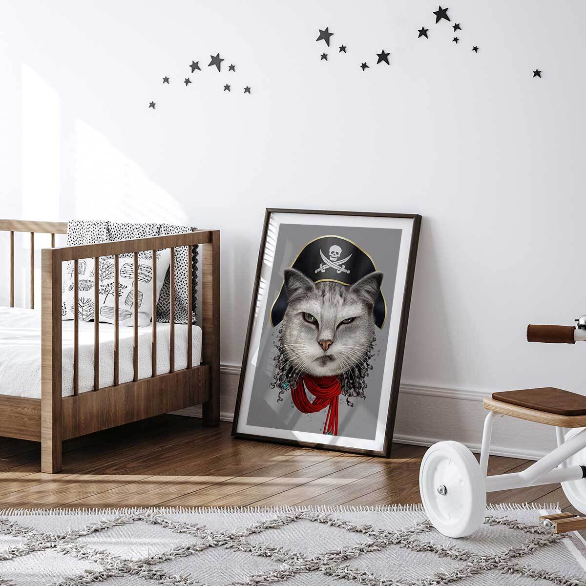 Affiche enfant chat pirate  Affiche + cadre en bois - Noir