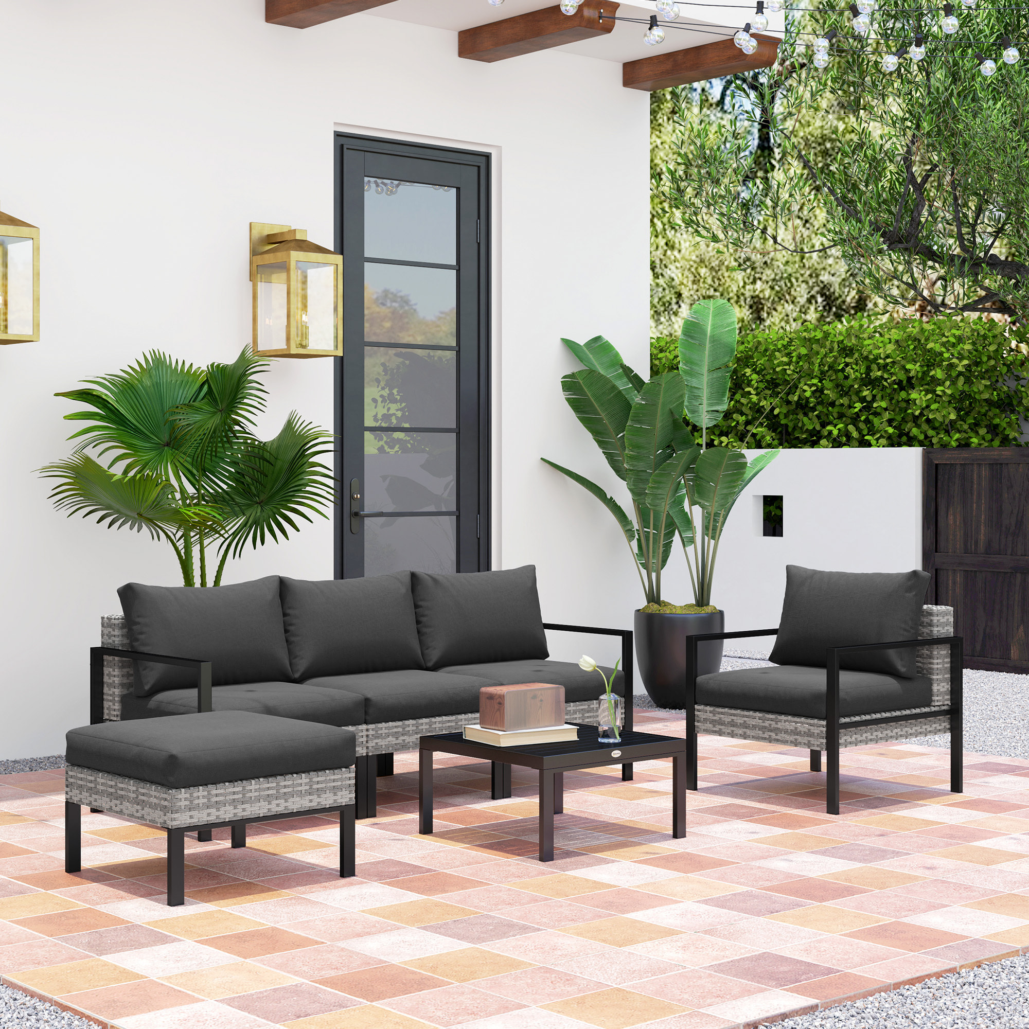 Ensemble salon de jardin 5 places 4 pièces coussins anthracite métal époxy noir résine tressée 2 fils gris