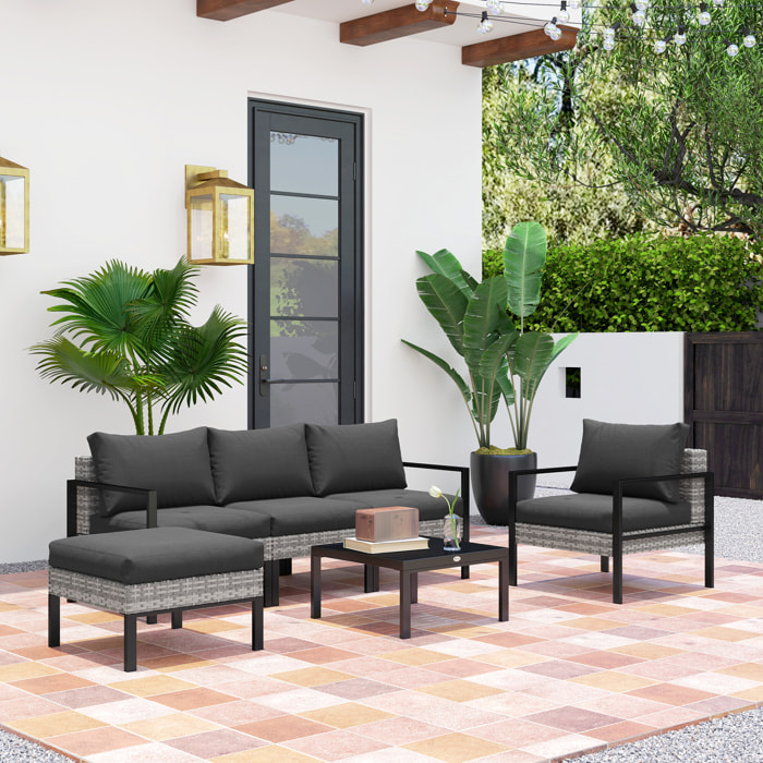 Ensemble salon de jardin 5 places 4 pièces coussins anthracite métal époxy noir résine tressée 2 fils gris