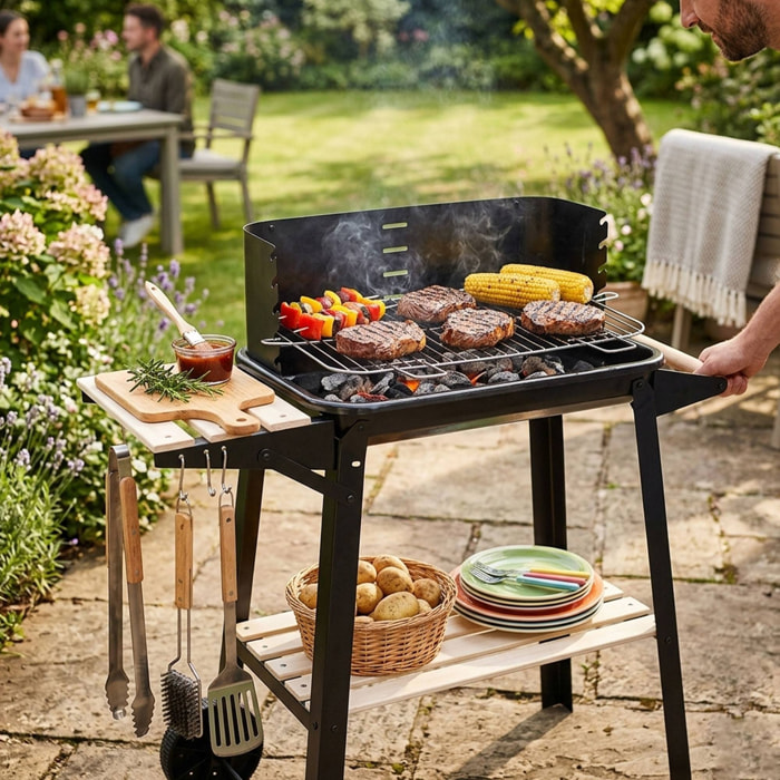 Barbacoa de Carbón Rectangular con Estantes de Madera FSC con Parrilla Cromada 45x24 cm - Barbacoa de Jardín con Cortavientos y Ruedas