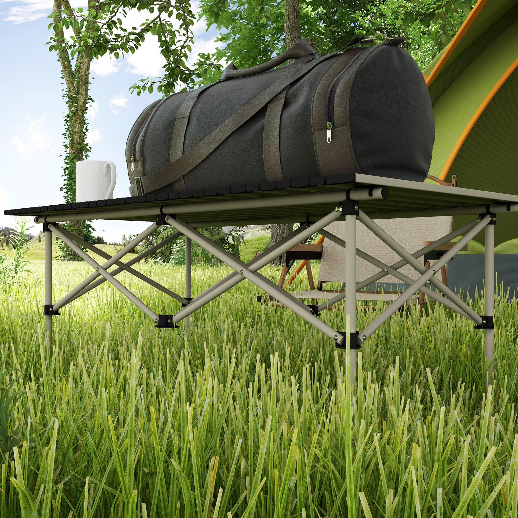 Mesa Plegable Camping de Aluminio 95x55x50 cm con Tapa Enrollable y Bolsa de Transporte Mesa de Picnic Portátil Ligera para Acampar Senderismo Playa Caqui