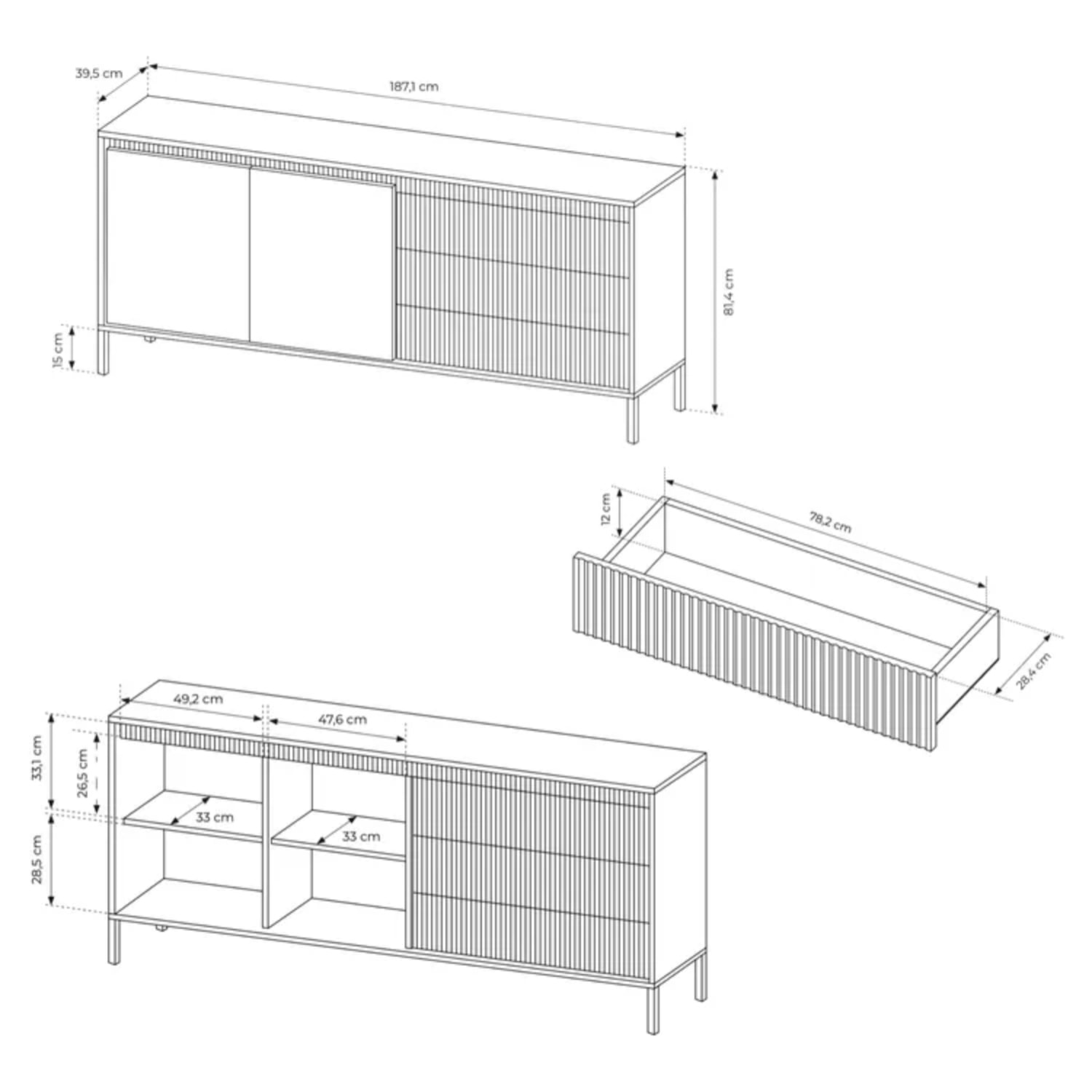 Madia Credenza 2 Ante 3 Cassetti Push To Open Con Ripiani E Vani Mobile Soggiorno Design Moderno Con Piedini In Metallo 187.1 x 81.4 x 39.5 Cm Cashmere