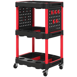 Servante chariot d'atelier multi-rangement 3 niveaux 2 panneaux perforés crochets rouge noir