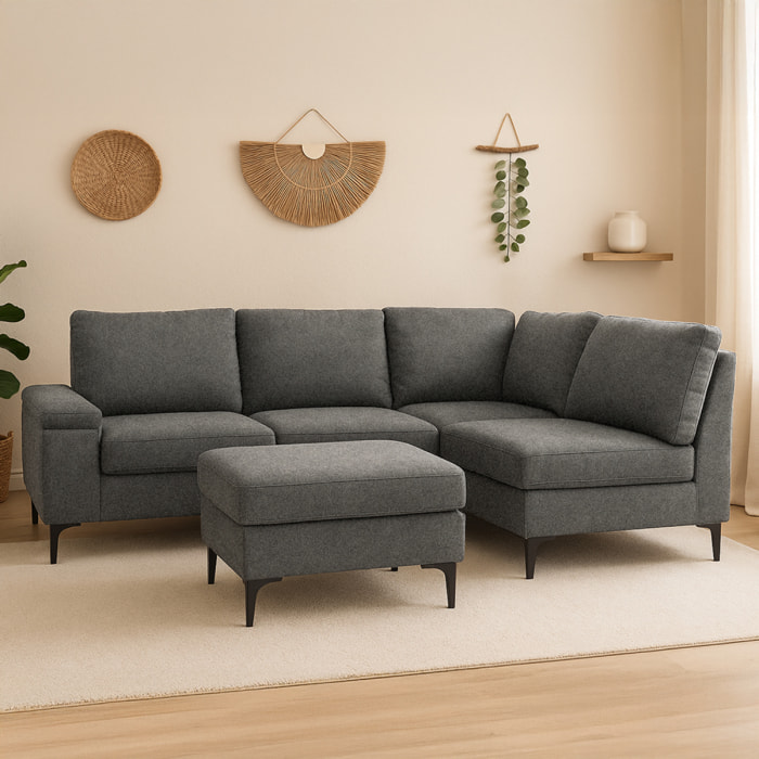 BRADLEY Canapé d'angle 4/5 places en tissu chenille gris anthracite avec pouf