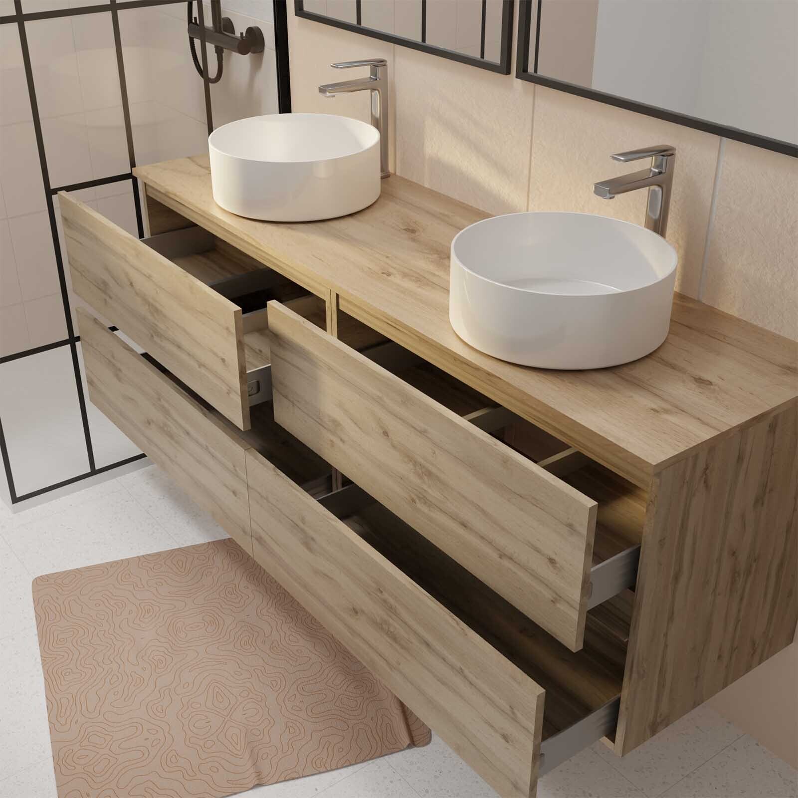 Meuble de salle de bains 160 TIMBER Décor Chêne - 4 Tiroirs - 2 Vasques Rondes Blanches