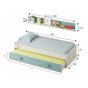 Letto singolo Lubbock, Struttura letto per cameretta, Letto con lettino estraibile o cassettone e mensola abbinata, cm 201x98h43, Bianco e Verde acqua