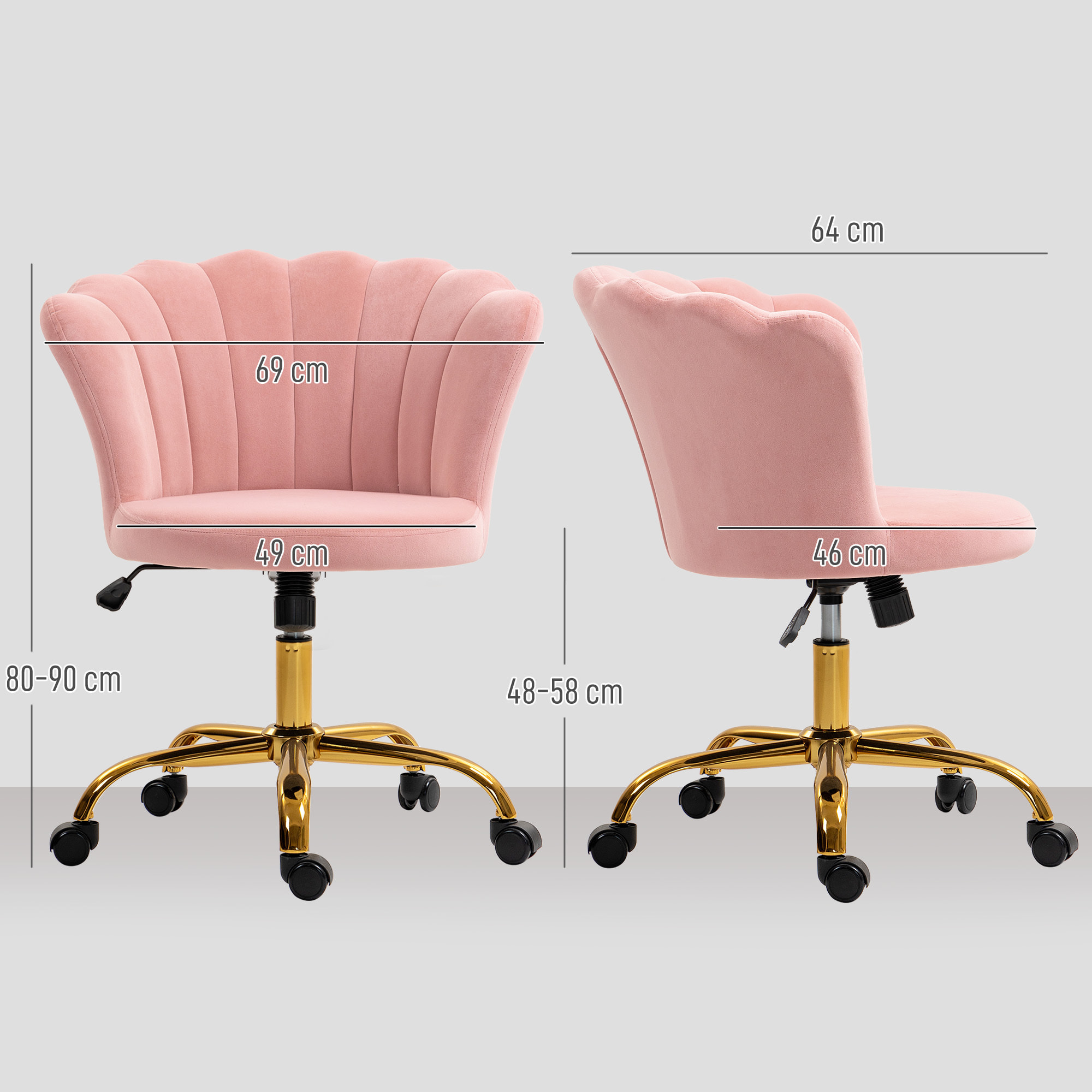 Chaise bureau velours design coquillage piètement acier doré rose poudré