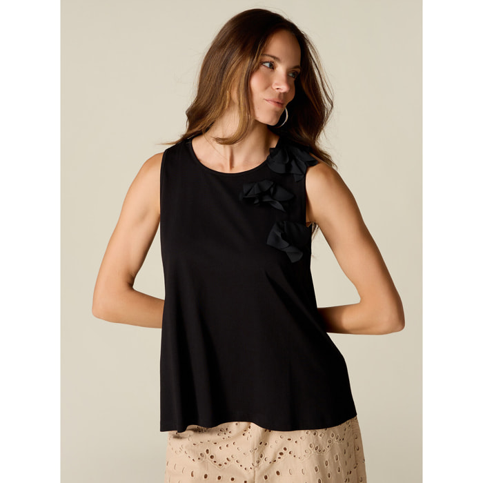 Oltre - Top in cotone con applicazioni floreali - Nero