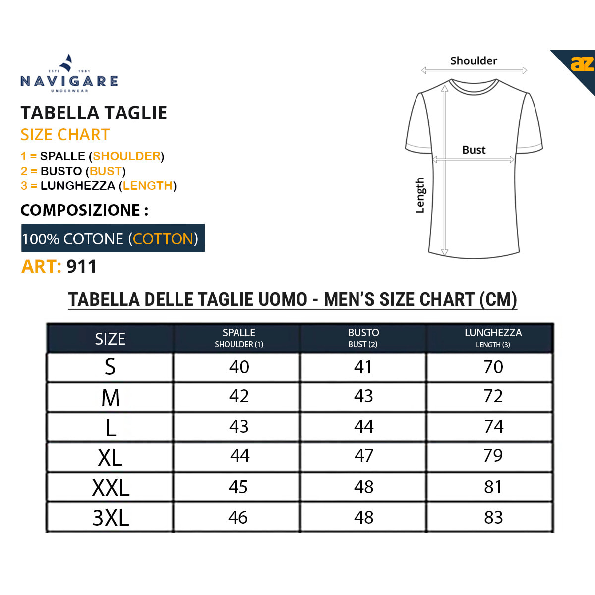 T-shirt Navigare in Cotone Interlock Scollo a V Art.912 Conf. Da 3pz, Nero