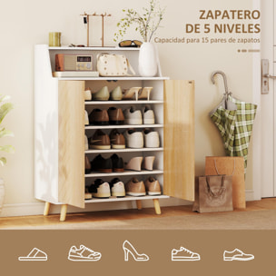 Zapatero de 2 Puertas en Espiga, Zapatero Entrada Recibidor con Estantes Ajustables, Compartimento Abierto y Patas de Madera, para 15 Pares de Zapatos, 75x35x104 cm, Blanco y Natural