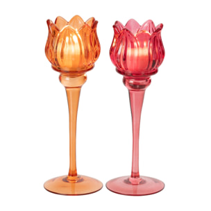 J-Line photophore sur base tulipe - verre - orange/fuchsia - large - assortiment de 2