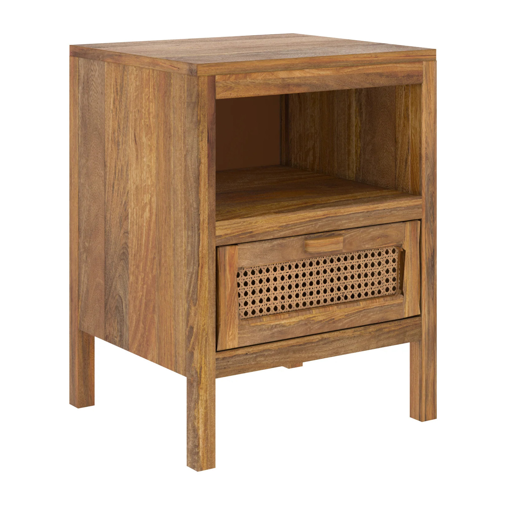 Table de chevet en cannage et bois, 1 tiroir et 1 niche - Tiki
