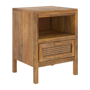 Table de chevet en cannage et bois, 1 tiroir et 1 niche - Tiki