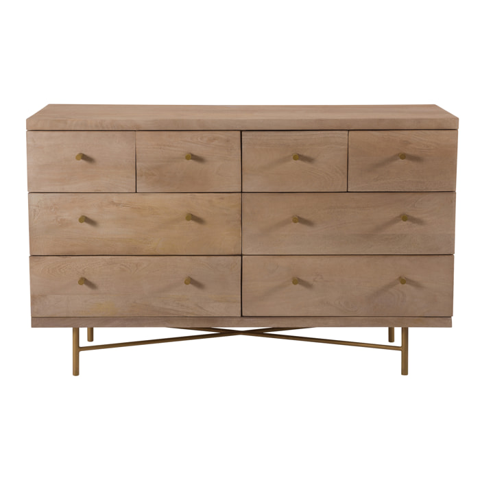 Commode 8 tiroirs en bois de manguier et pieds en métal doré - Bran