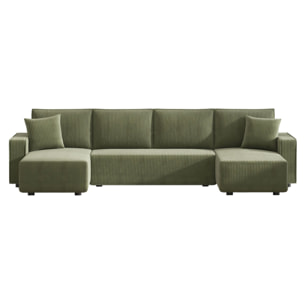 LUBEC Canapé panoramique convertible 6 places avec coffre en velours côtelé vert