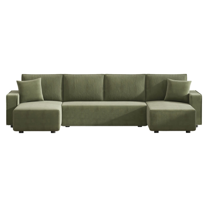 LUBEC Canapé panoramique convertible 6 places avec coffre en velours côtelé vert