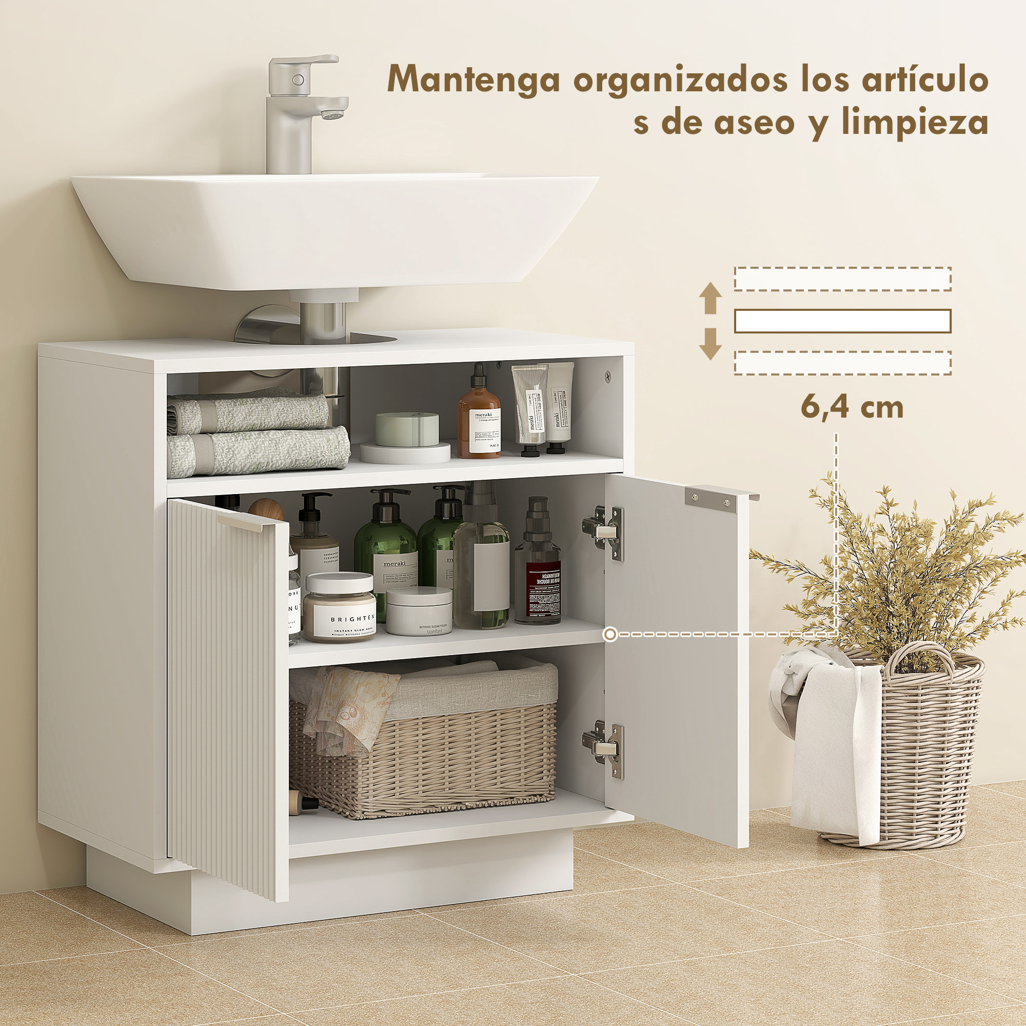 Mueble bajo Lavabo Mueble de Baño con 2 Puertas Acanaladas y Compartimento Abierto Armario de Baño para Lavabo con o sin Pedestal Estilo Moderno 60x33x63 cm Blanco