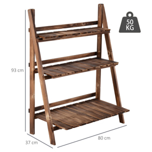 Étagère à plantes forme pyramidale échelle pliante avec 3 étagères - dim. 80L x 37l x 93H cm - bois sapin traité carbonisation