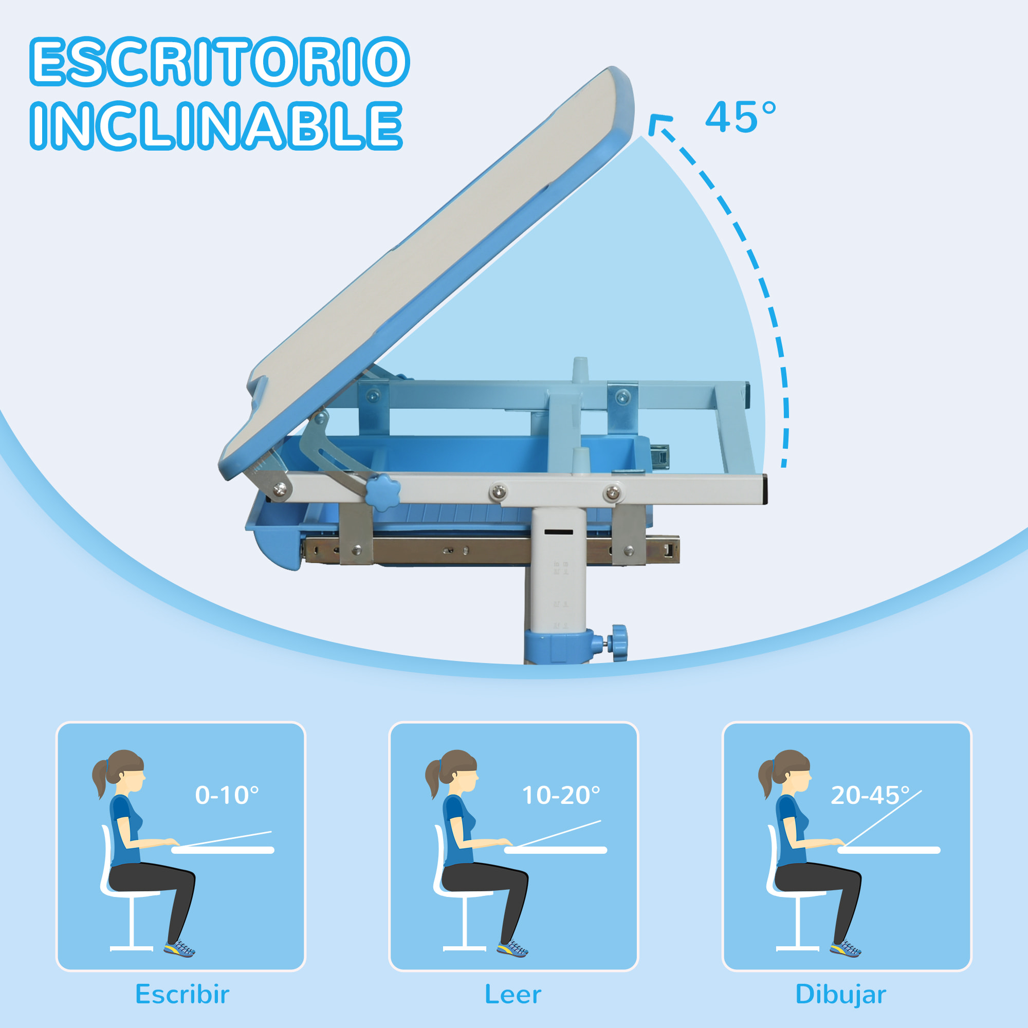 Pupitre Infantil 2 en 1 Juego de Escritorio y Silla para Niños de +6 Años con Altura Ajustable Mesa Regulable en Ángulo y Bandeja Deslizante 66x47x77 cm Azul