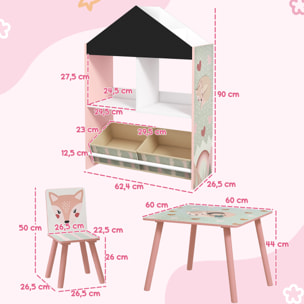 Conjunto para Niños Incluye 1 Estantería para Juguetes con Pizarra Pintable 2 Cajas de Tela no Tejida y 1 Mesa Infantil con 2 Sillas para Dormitorio Sala de Juegos Rosa