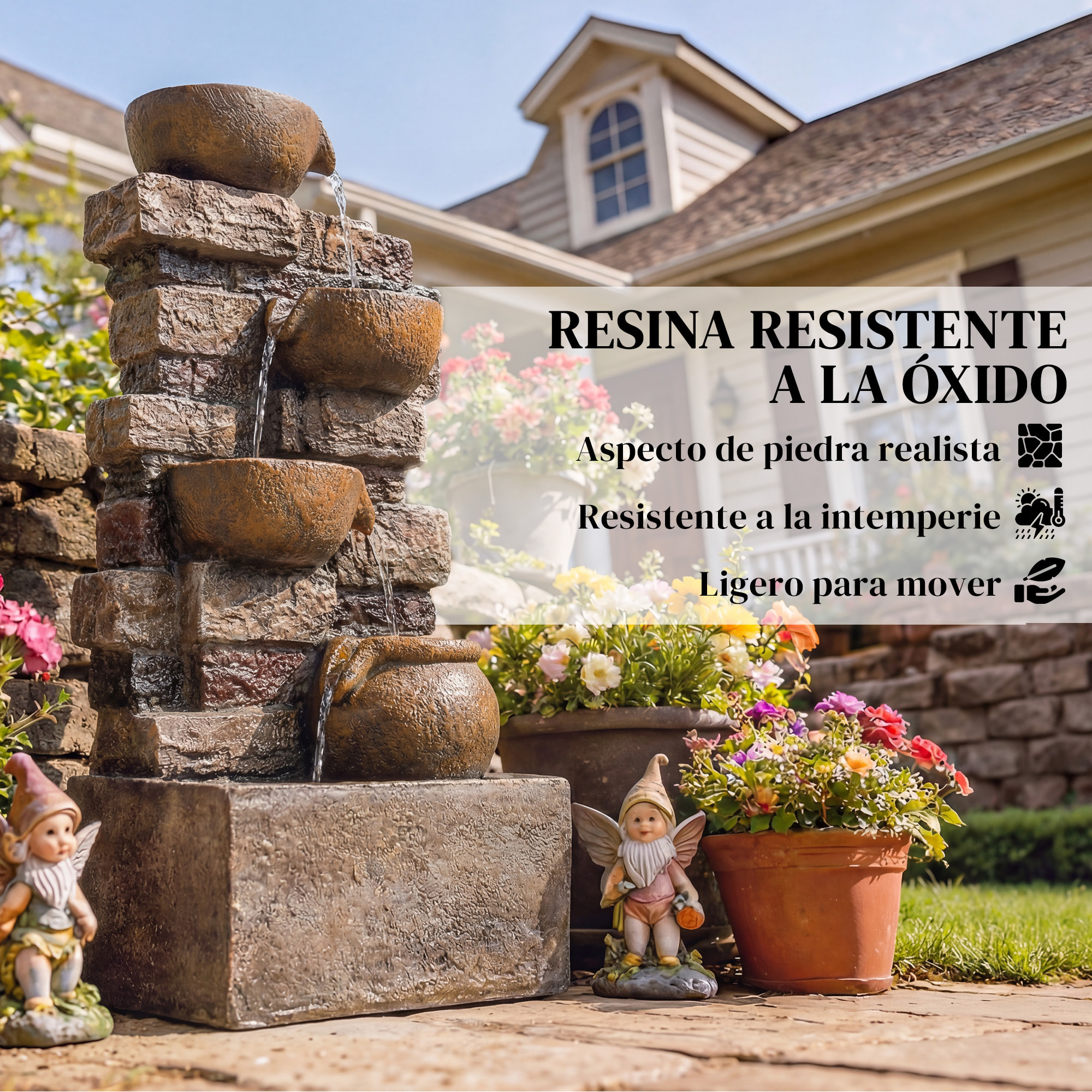 Fuente de Agua Decorativa con Iluminación LED y Bomba, Fuente de Jardín Exteror en Cascada de 5 Niveles, Flujo Ajustable, Resistente a la intemperie, para Jardín, Terraza, Marrón Rústico