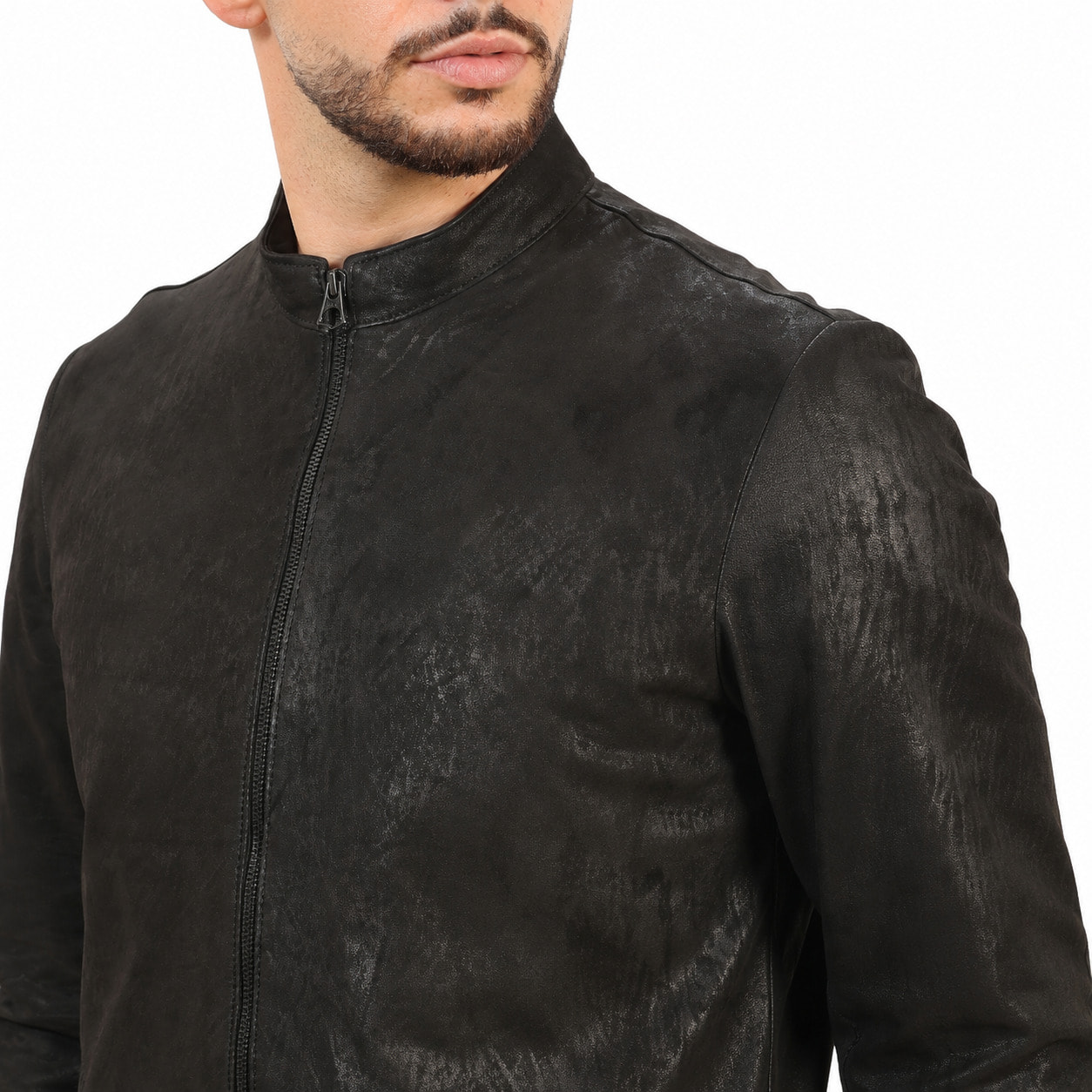 Giubbino in pelle di vitello rifinizione dakota Nero-Slim Fit