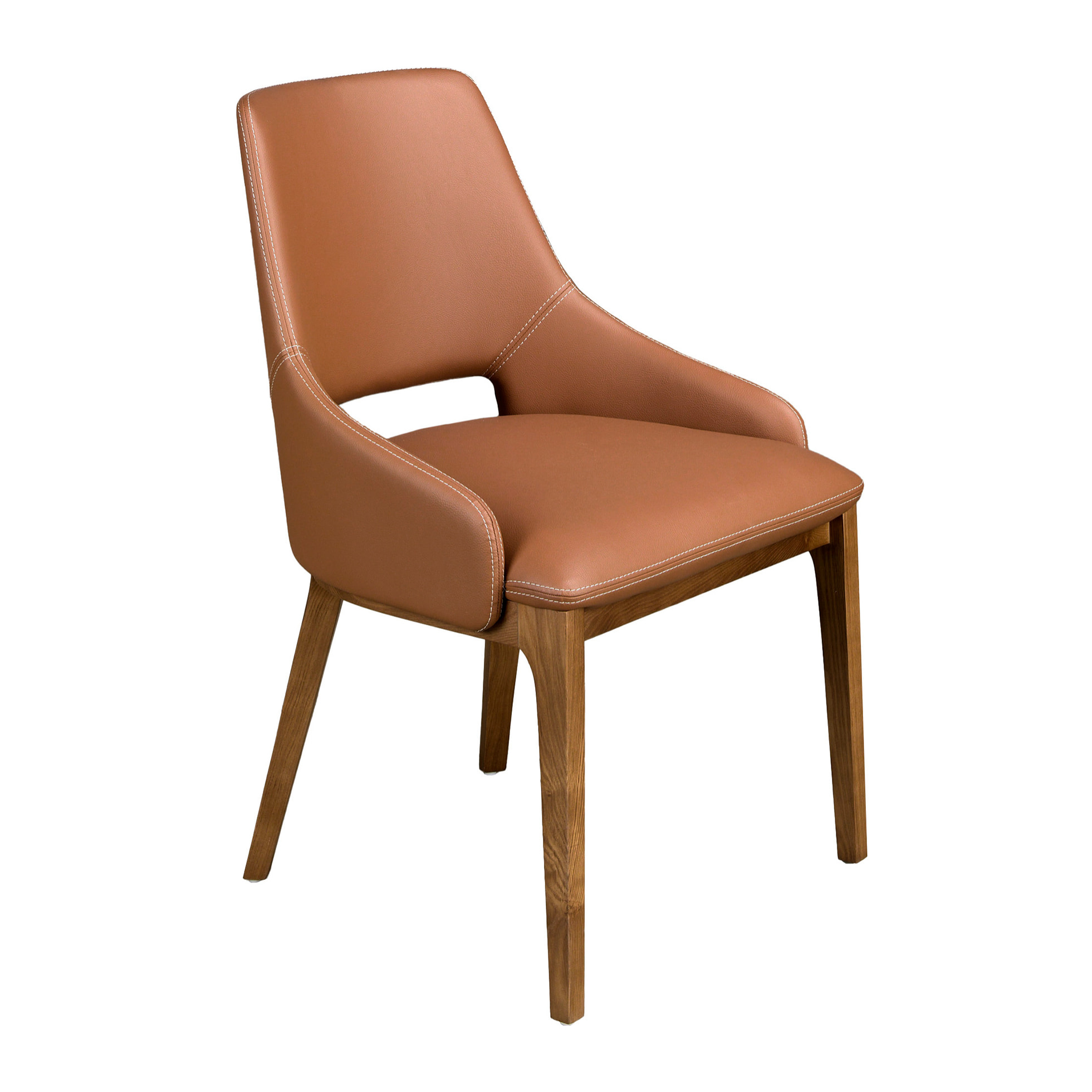 Silla con asiento y respaldo tapizados en polipiel marrón patas de madera chapada en nogal natural 54x61x83cm