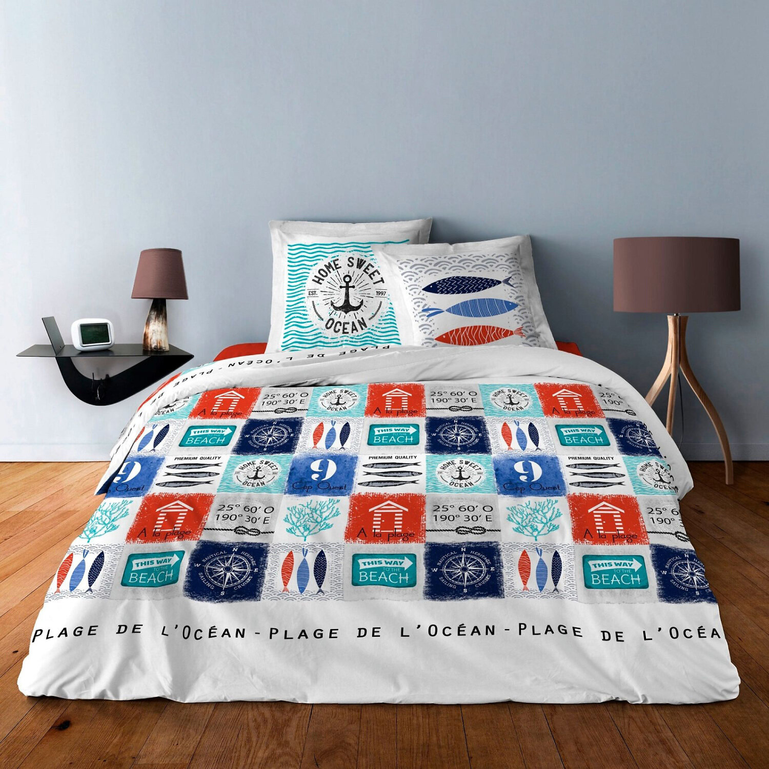 Parure housse de couette 3pcs coton 57fils ocean bleu
