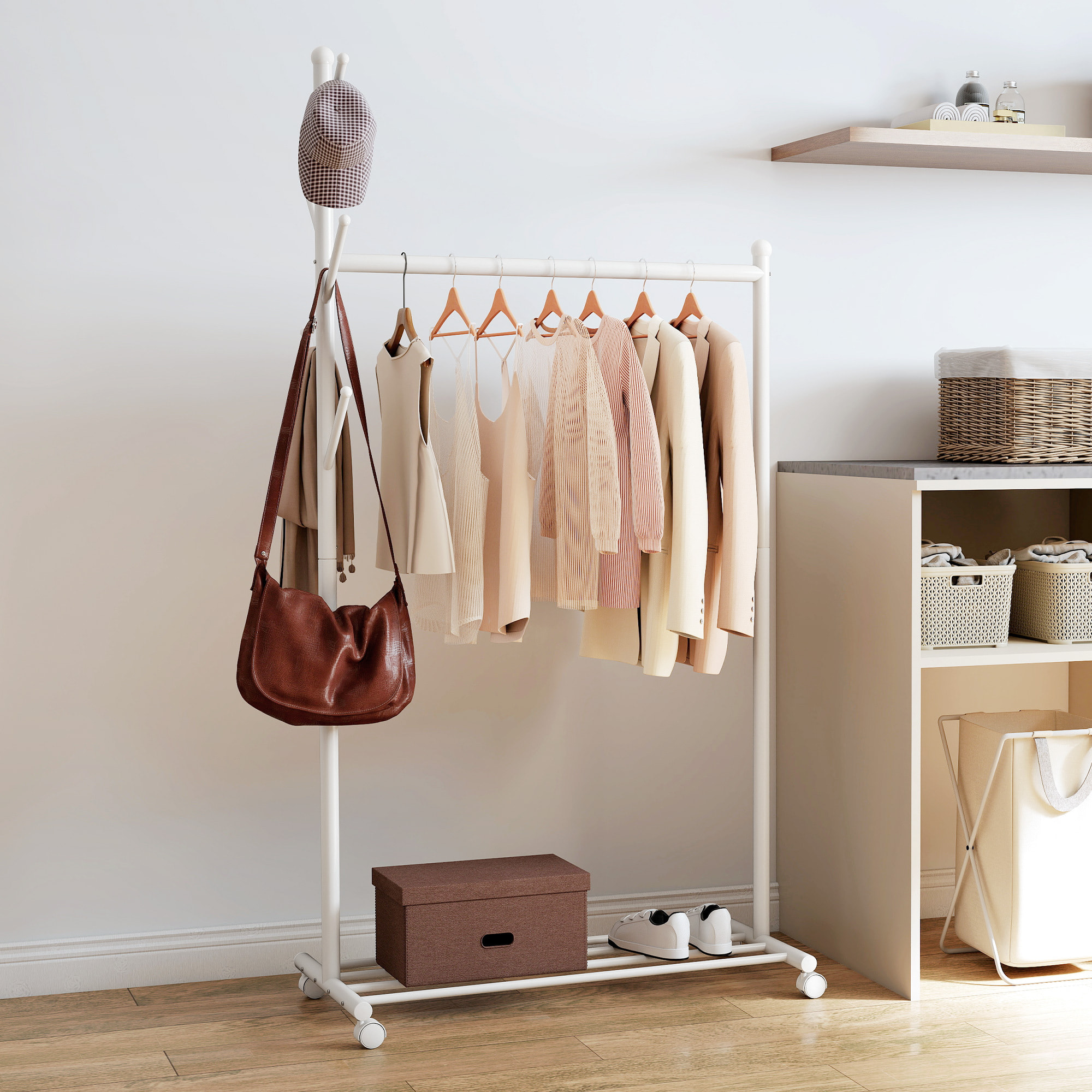 Burro Ropa con Ruedas, Perchero Burro Ropa con 5 Ganchos Barra para Colgar y Balda Inferior Perchero para Recibidor, Entrada, Dormitorio, 86x43x171 cm, Blanco