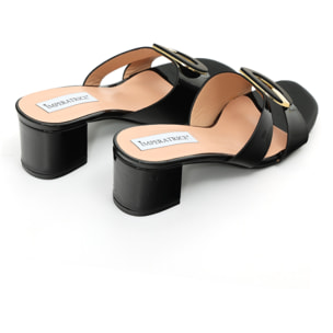 Sandali in simil pelle verniciata con tacco comodo ed applicazione sulla fascia