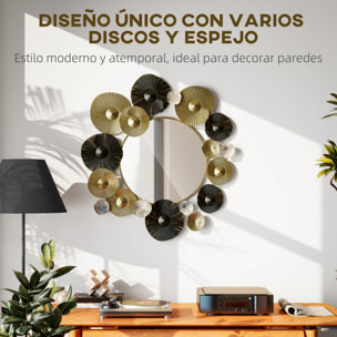 Espejo Decorativo de Pared, Adorno de Pared Metálico con Espejo Decorativo, para Salón, Dormitorio, Pasillo, 84x84 cm, Dorado y Negro