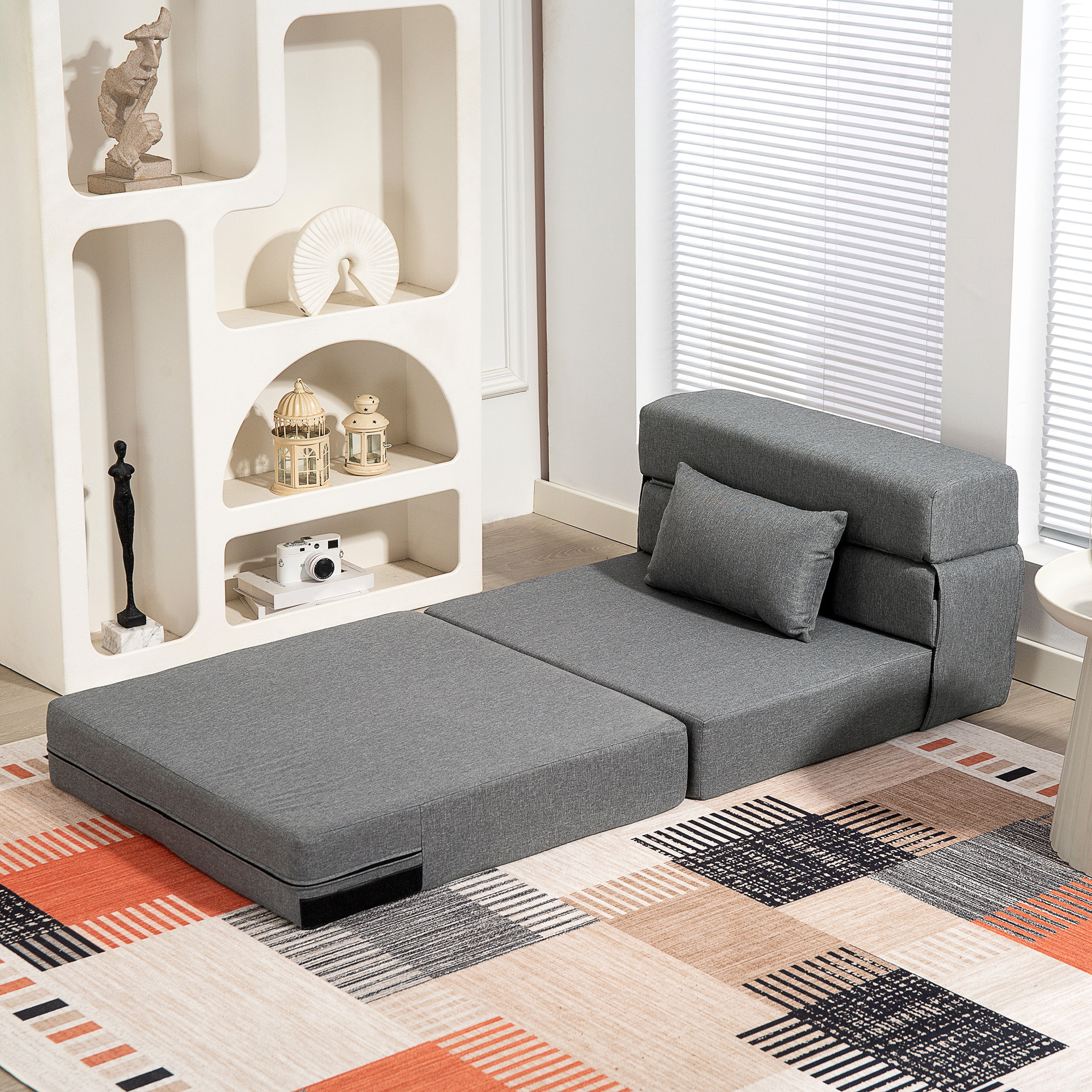 Chauffeuse futon grand confort avec coussin tissu toucher lin gris