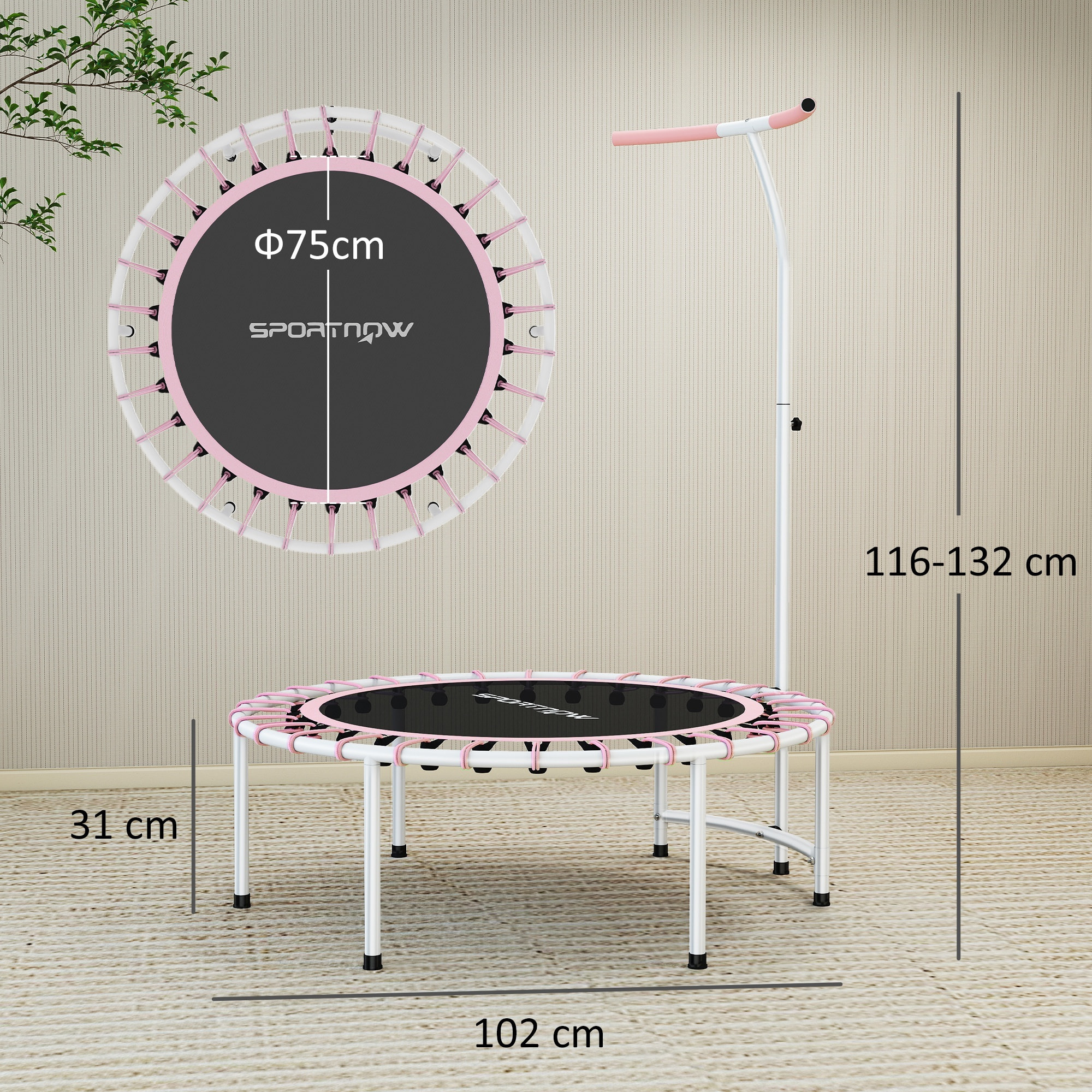 Trampolín de Fitness Adultos Ø102 cm, Mini Cama Elástica Fitness con Mango Ajustable de 5 Niveles, Marco de Acero, para Entrenamiento Piernas, Cuerpo en Hogar, Oficina, Gimnasio, Rosa