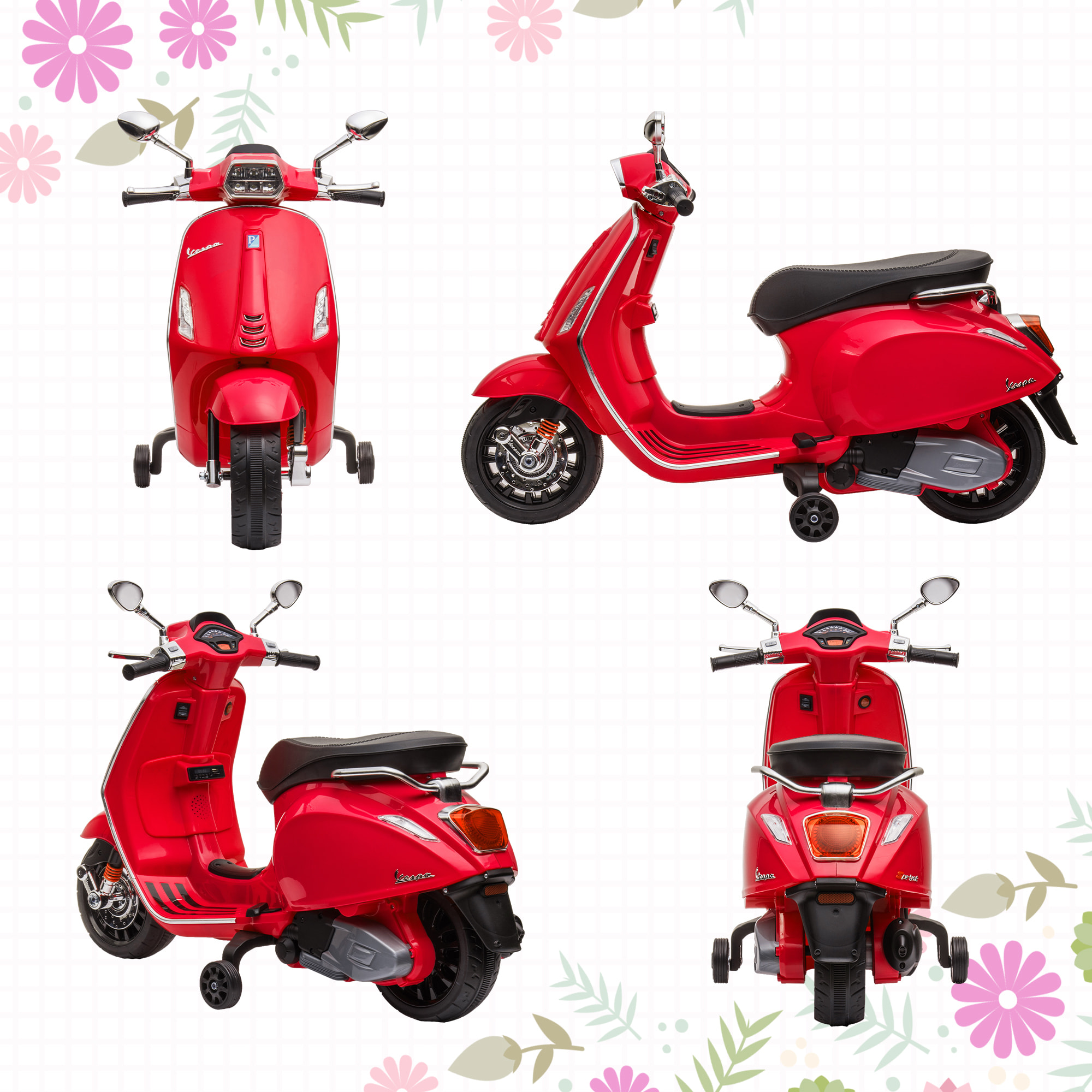 Moto Eléctrica para Niños de +3 Años con Licencia Vespa Moto de Batería para Niños 6V con USB MP3 Luz LED Radio FM Velocidad 3 km/h Carga 35 kg Rojo