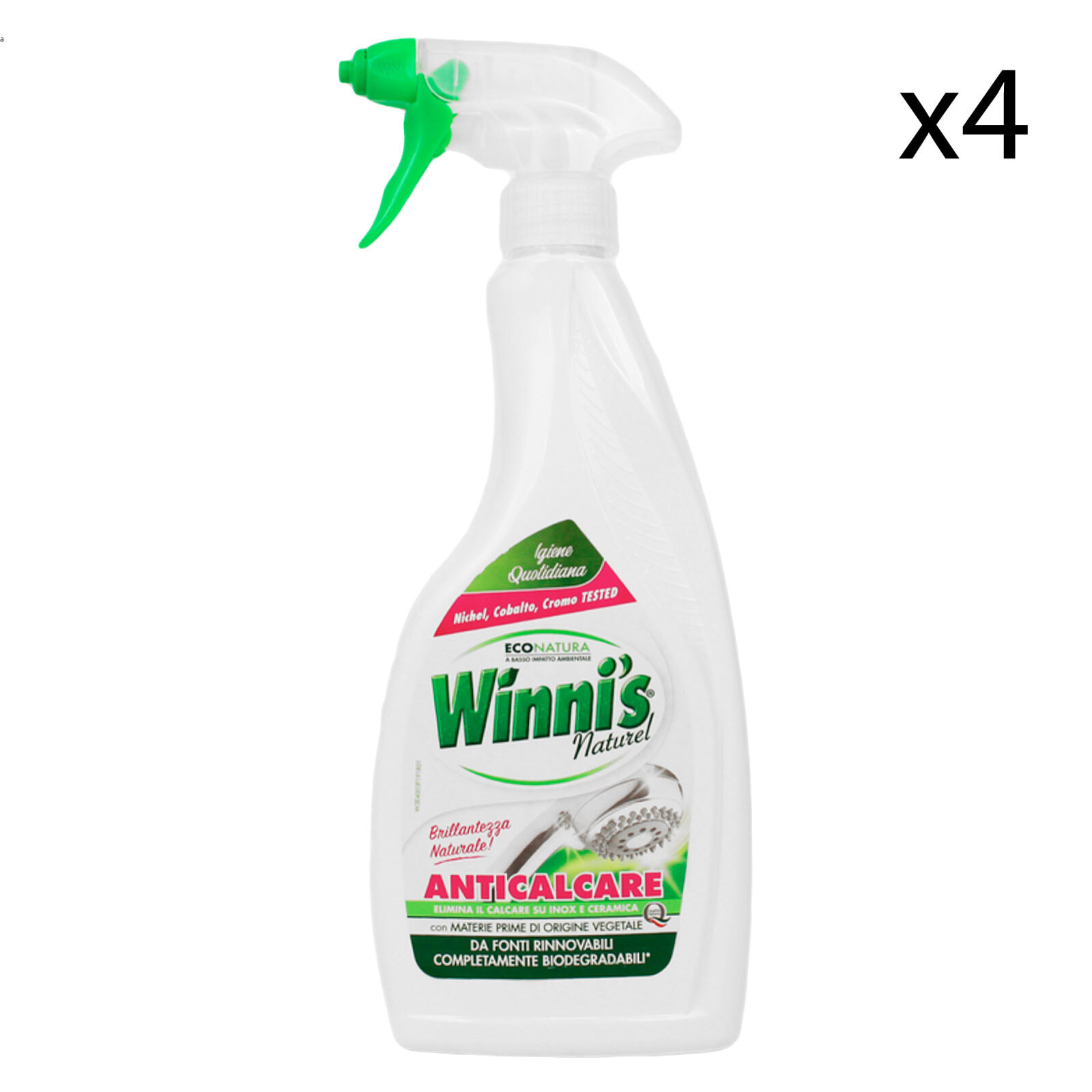 4x Winni's Naturel Anticalcare Spray per Acciaio Inox e Ceramica - 4 Flaconi da 500ml