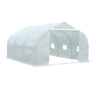 Serre tunnel de jardin dim. 4,45L x 2,99l x 2H m porte + 6 fenêtres enroulables acier galvanisé bâche PE haute densité blanc