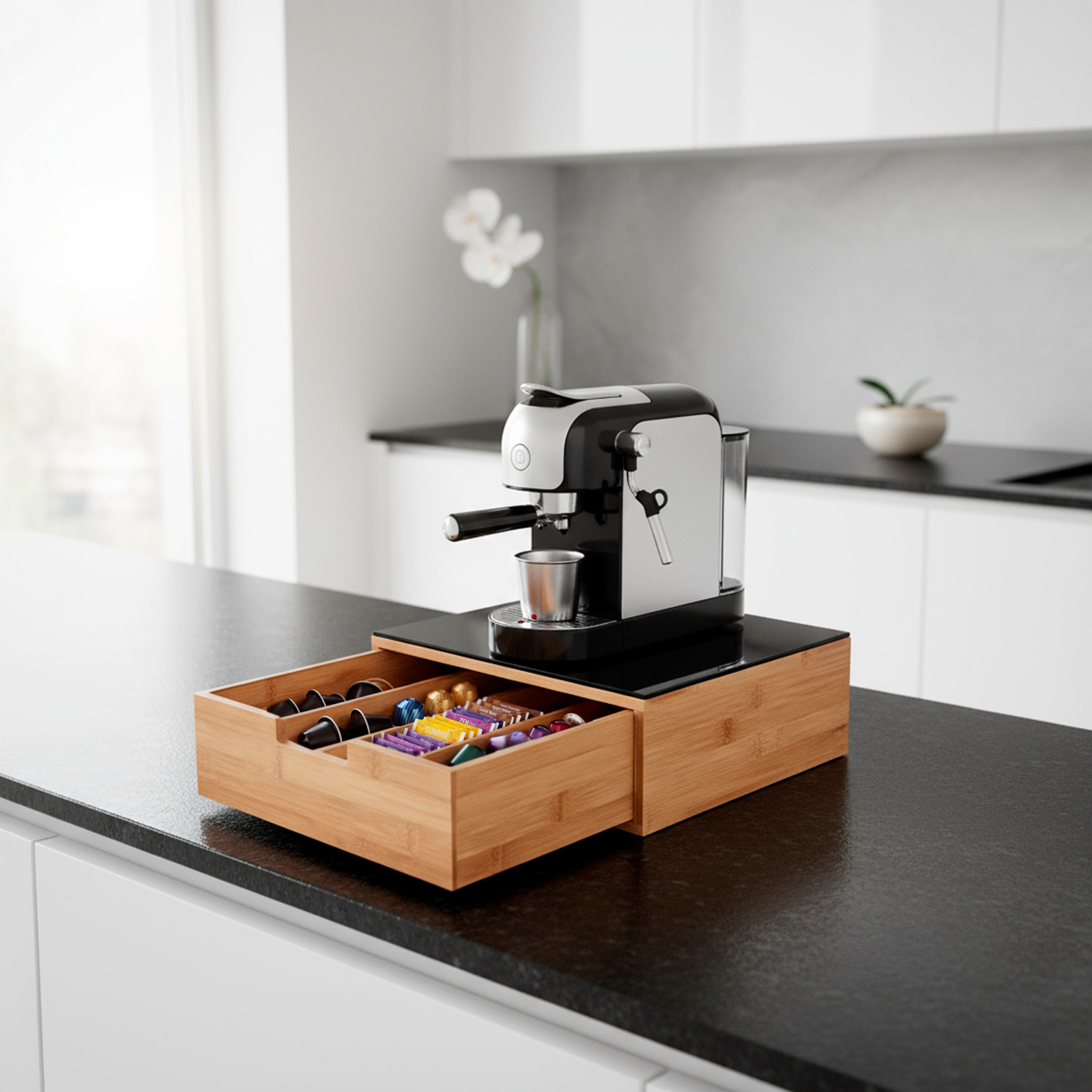 Porta Cialde In Bambù Con Cassetto 4 Scomparti R Ripiano in Vetro Organizer Capsule Caffè Cialde Bustine Tè Tisane Zucchero Design 30 x 30 x 10 Cm