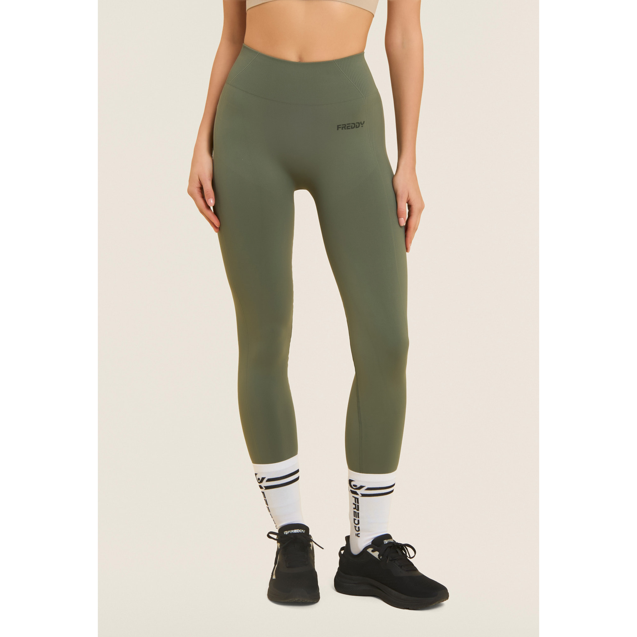 Leggings Seamless 7/8 con Vita Alta e Inserti in Costina