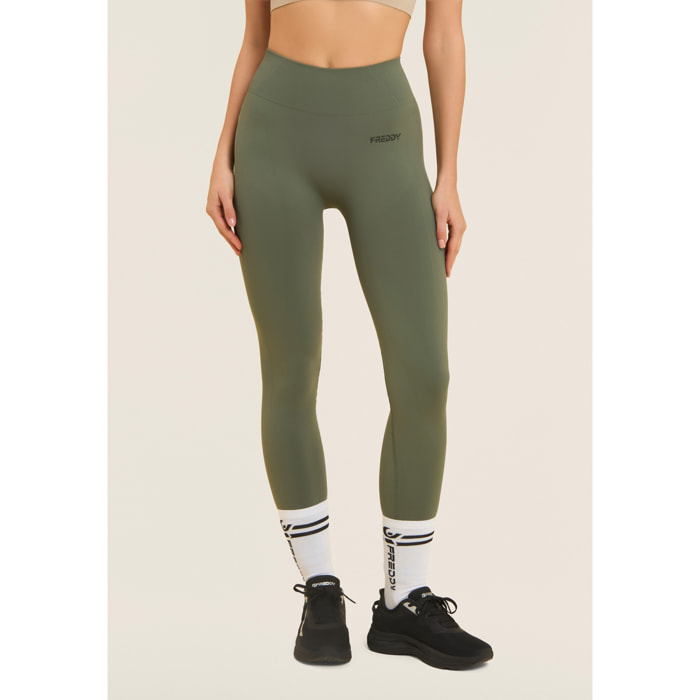 Leggings Seamless 7/8 con Vita Alta e Inserti in Costina