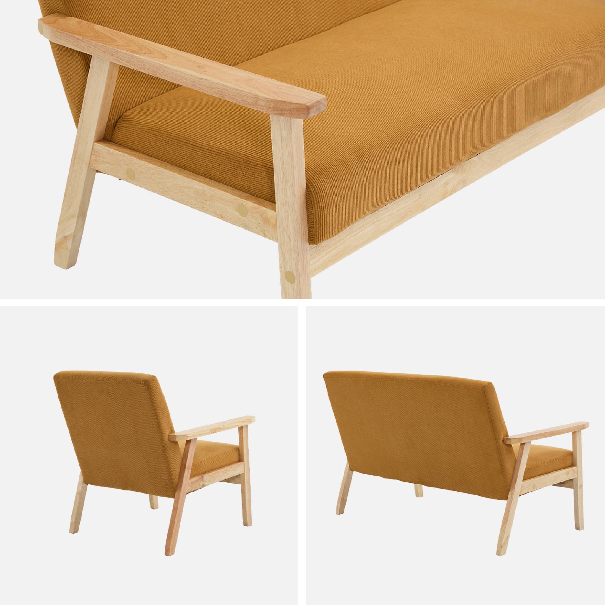 Canapé banquette 2 places + Fauteuil velours côtelé. pieds bois. moutarde