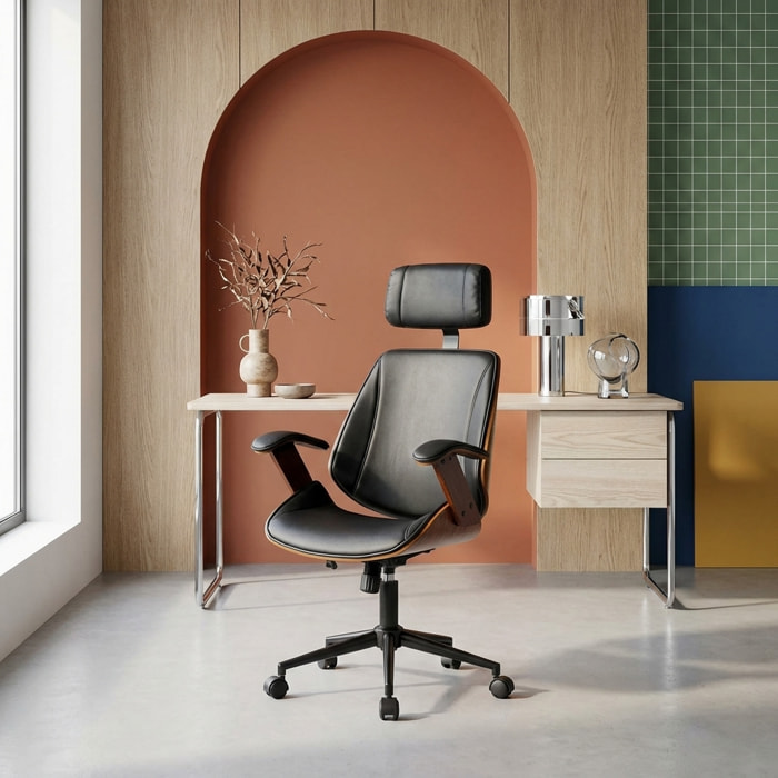 Chaise de bureau à roulettes décor bois courbé et simili cuir MICHAEL