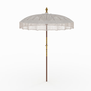Ensemble parasol en macramé et pied de parasol en bois de suar - Fakélé